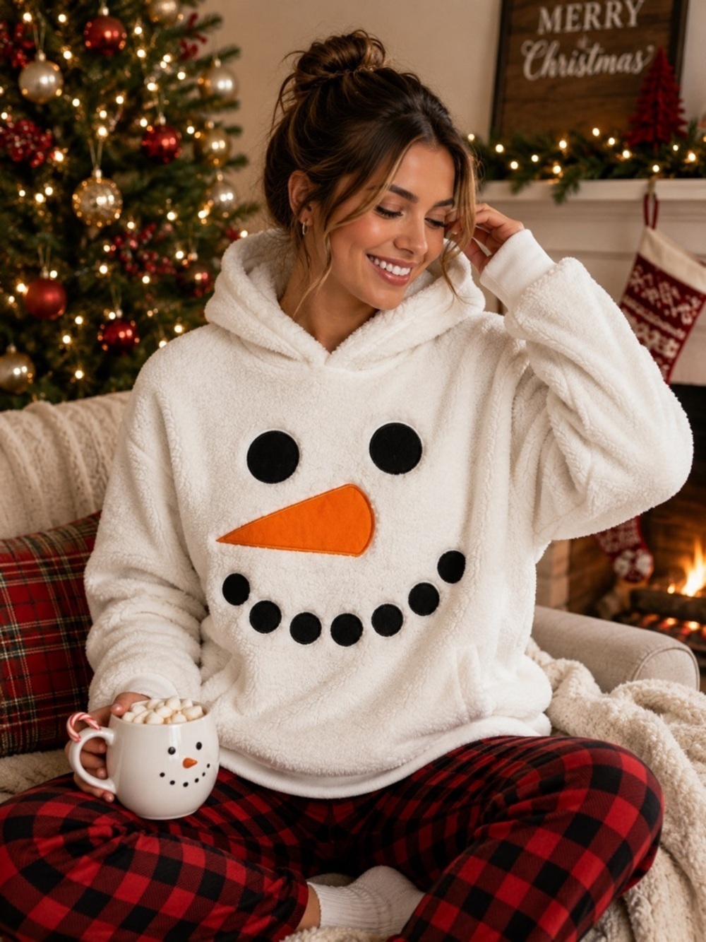 Cozy Sherpa Snowman Face Christmas Hoodie